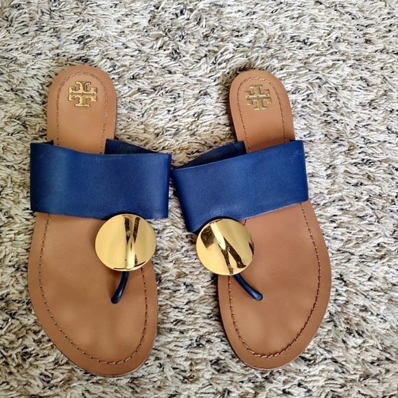 Tory Burch Patos Disk Flat leather Thongs slide Sandals sz 9,5 - Picture 1 of 6